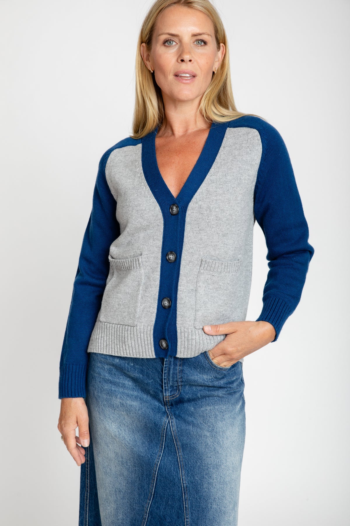 Patched Color Cardigan in Dove Combo