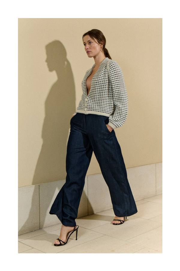 Checkered Knit Cardigan in Black/Cream