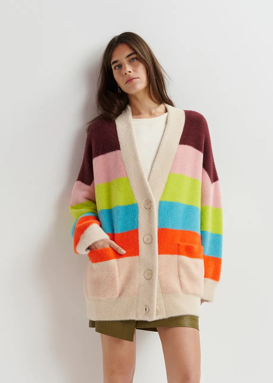 Gaan Striped Furry Cardigan in Merengue