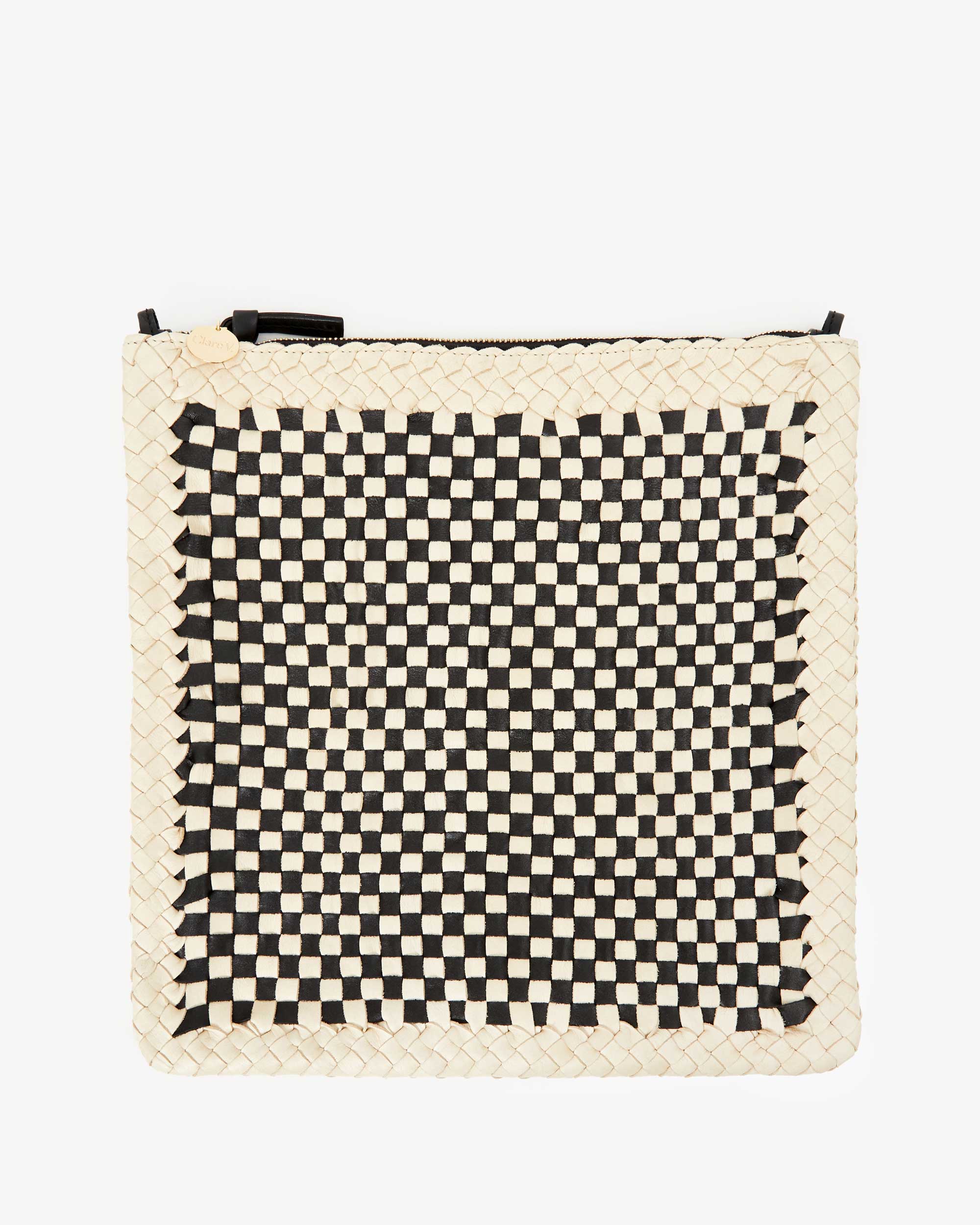 Foldover Clutch w/ Tabs in Black & Cream Border Woven Checker