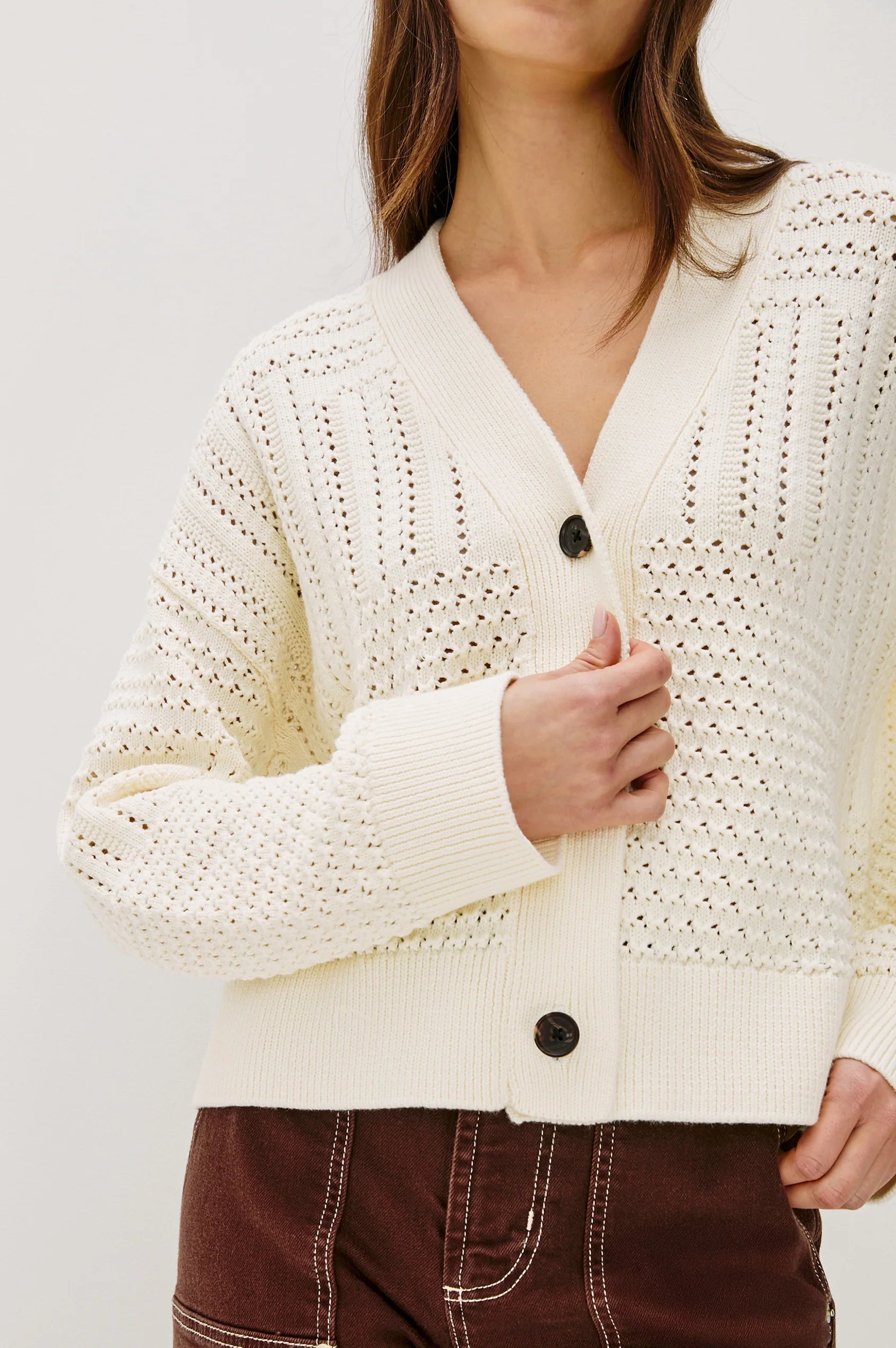 Geneva Cardigan in Ivory Patchwork Pointelle