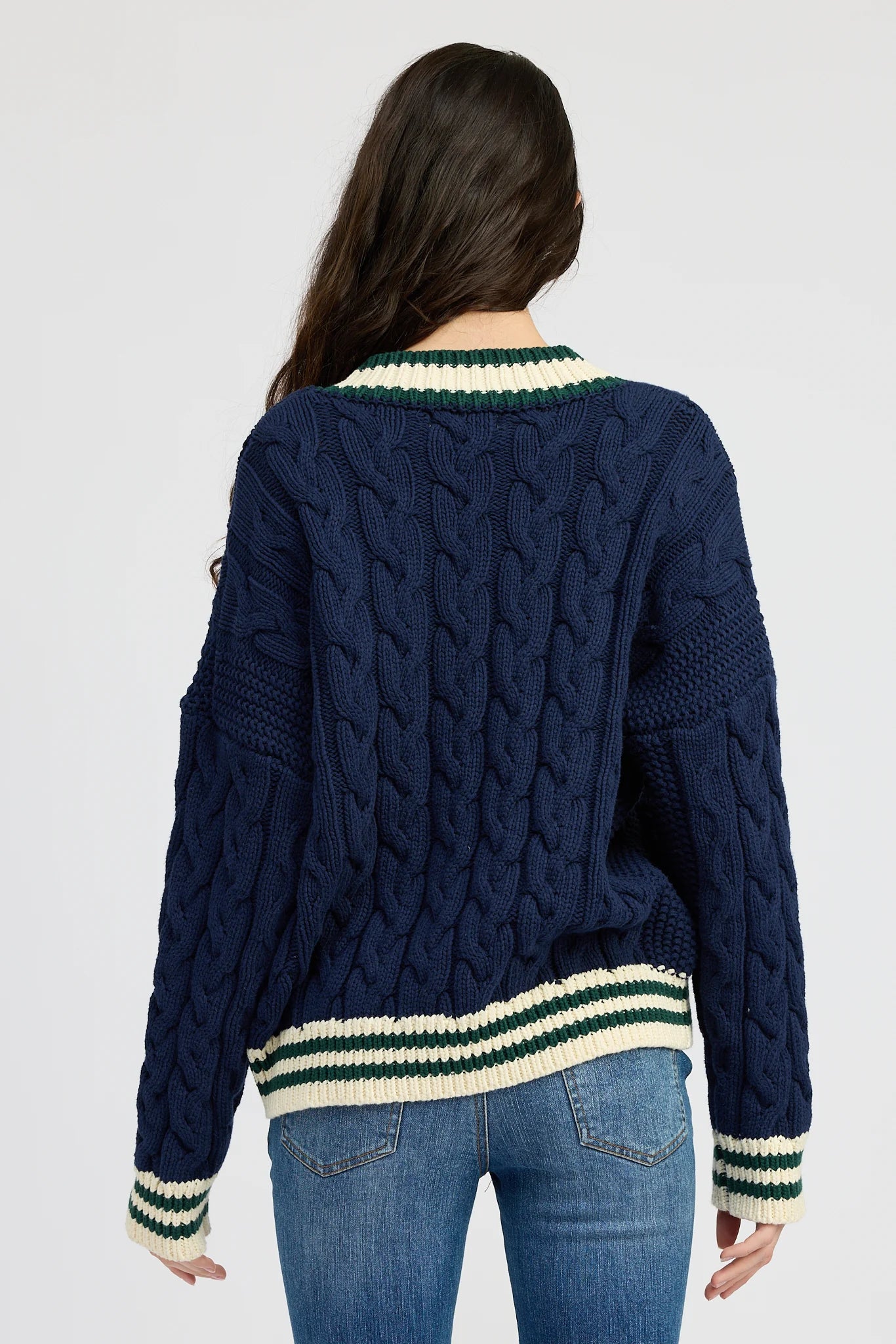 Spencer Cable Knit Cardigan in Navy Green