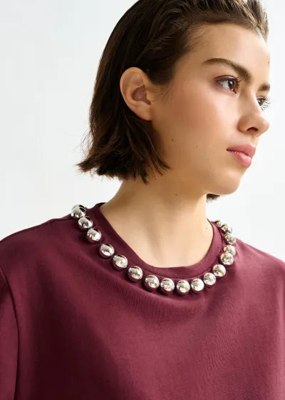 T-shirt with Embellishments in Burgundy/Silver