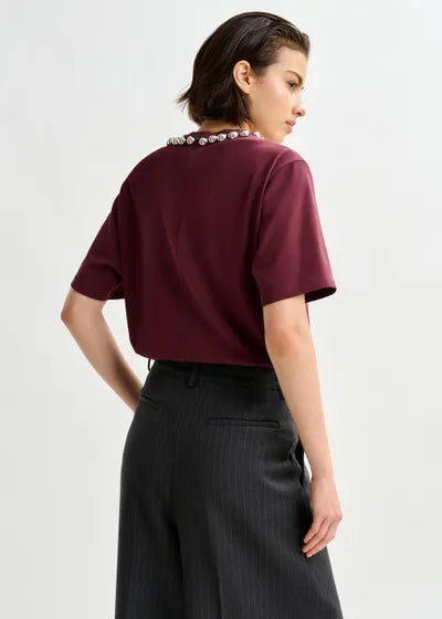 T-shirt with Embellishments in Burgundy/Silver