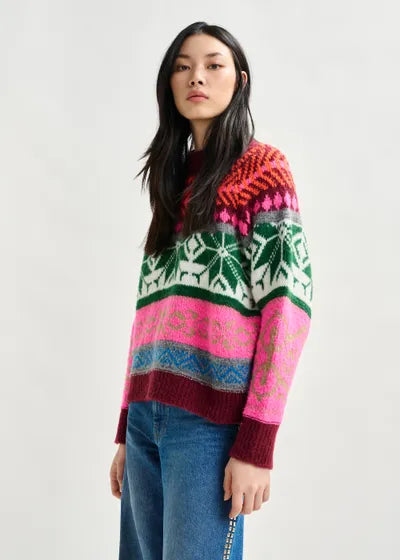 Mélange Knit Jacquard Sweater in Burgundy/Multicolor
