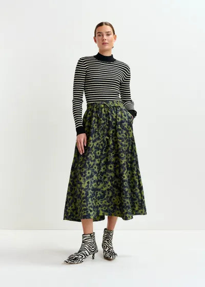 Floral-Jacquard Midi Skirt in Khaki & Dark Blue