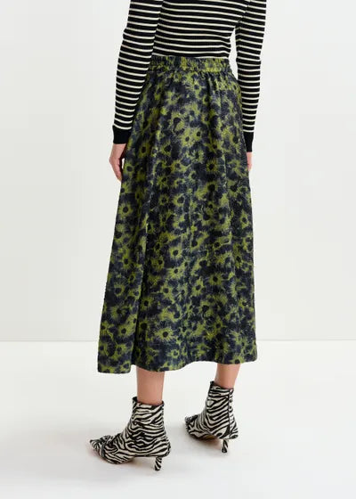 Floral-Jacquard Midi Skirt in Khaki & Dark Blue