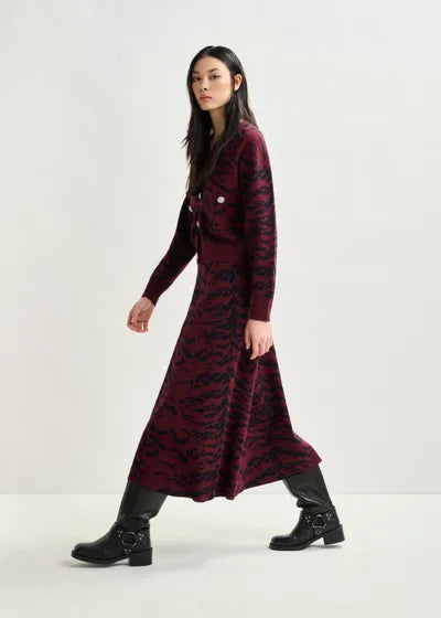 Burgundy Knit Midi Skirt in Tiger Print