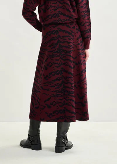 Burgundy Knit Midi Skirt in Tiger Print