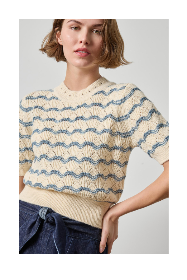 Short Sleeve Multistitch Pullover Sweater in Winter White Stripe