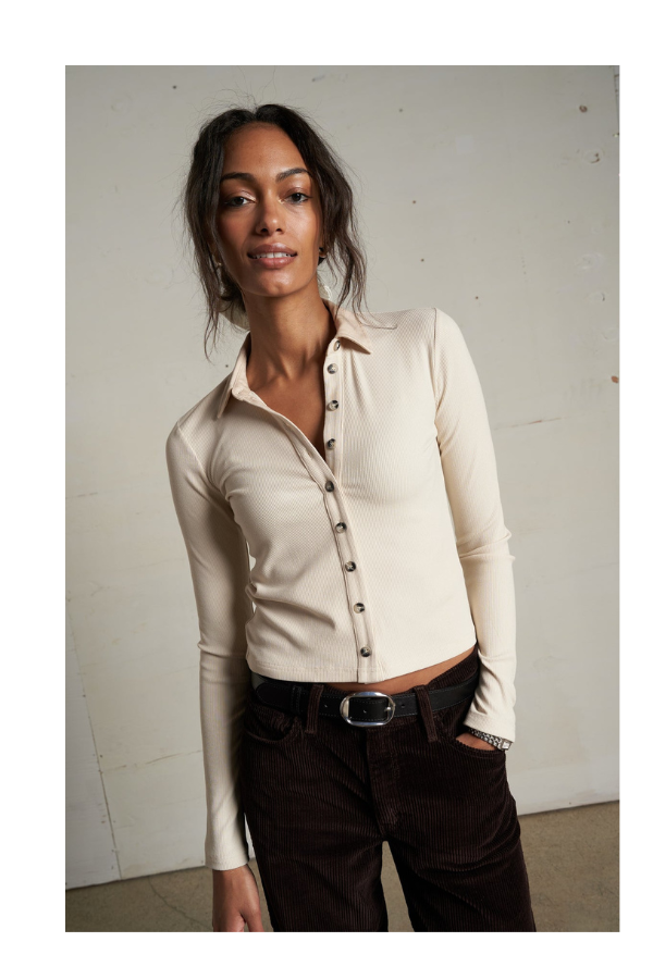 Amee Luxe Rib Long Sleeve Button Polo in Sugar