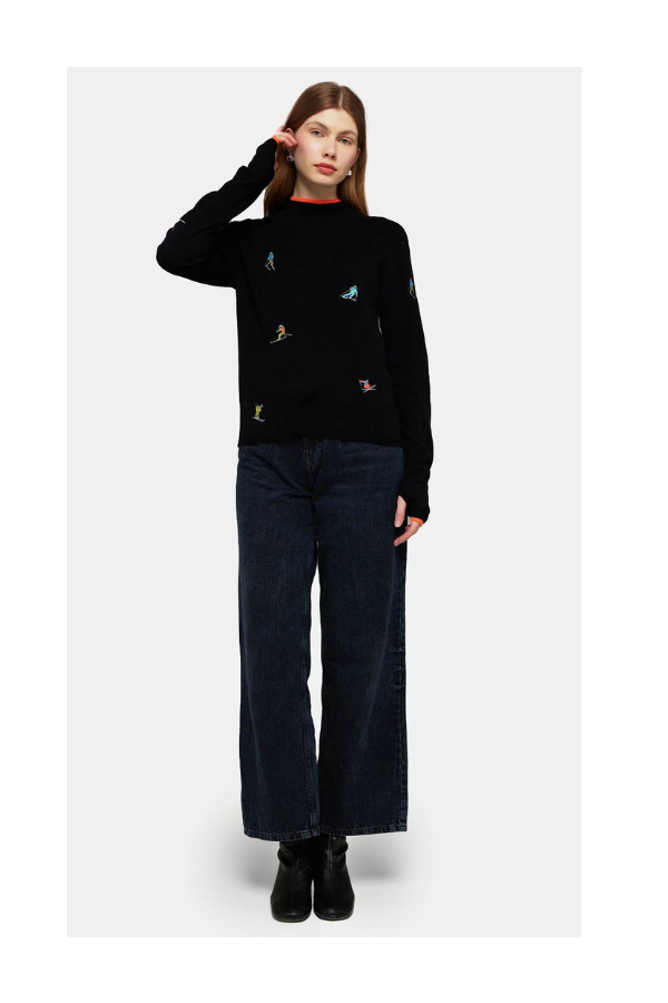 Ditsy Ski Embroidery Mock Neck Sweater in Black