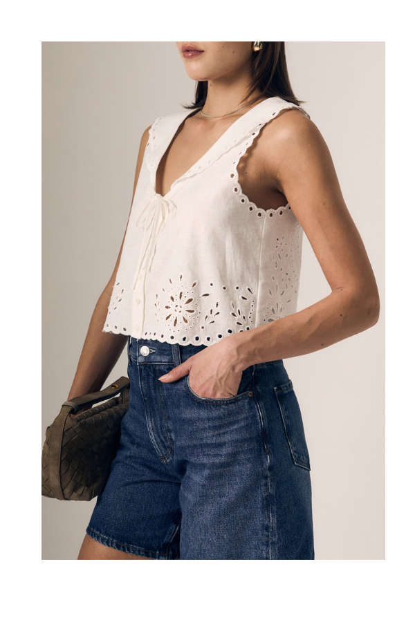 Embroidered Eyelet Sailor Top in White