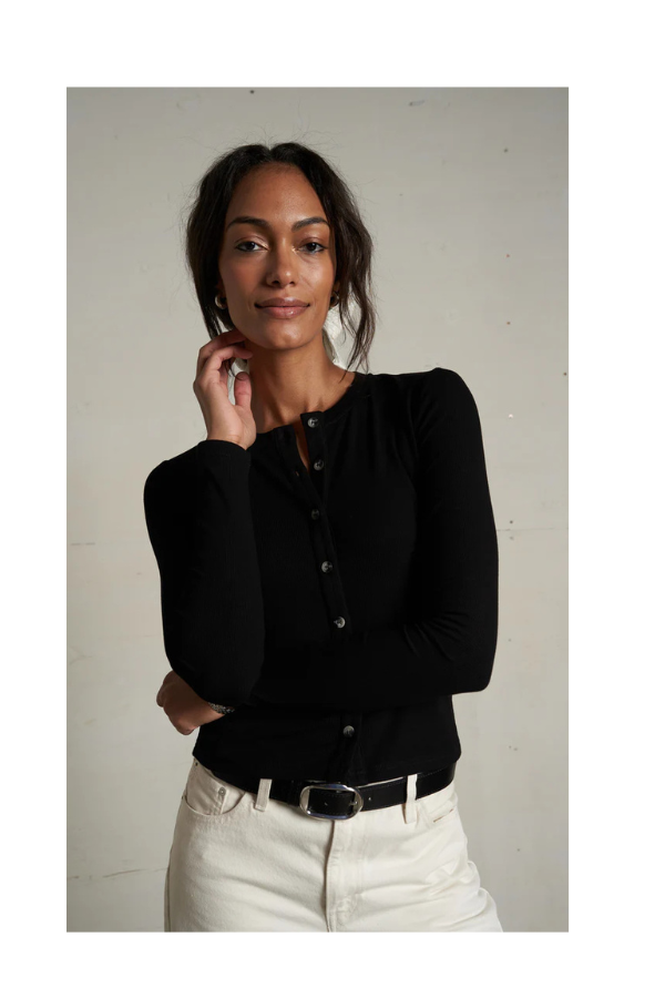 Maureen Luxe Rib Fitted Cardigan in True Black
