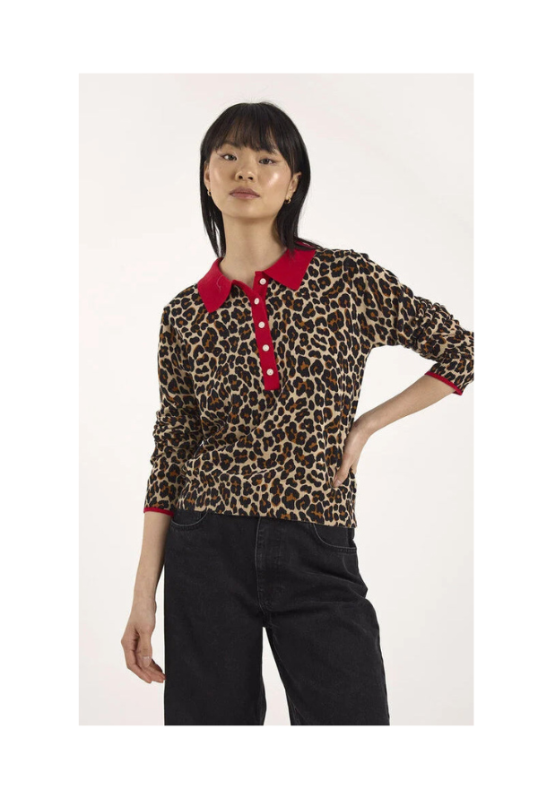 Pop Collar Leopard Polo in Light Camel with Tomato