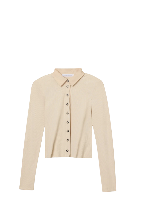 Amee Luxe Rib Long Sleeve Button Polo in Sugar