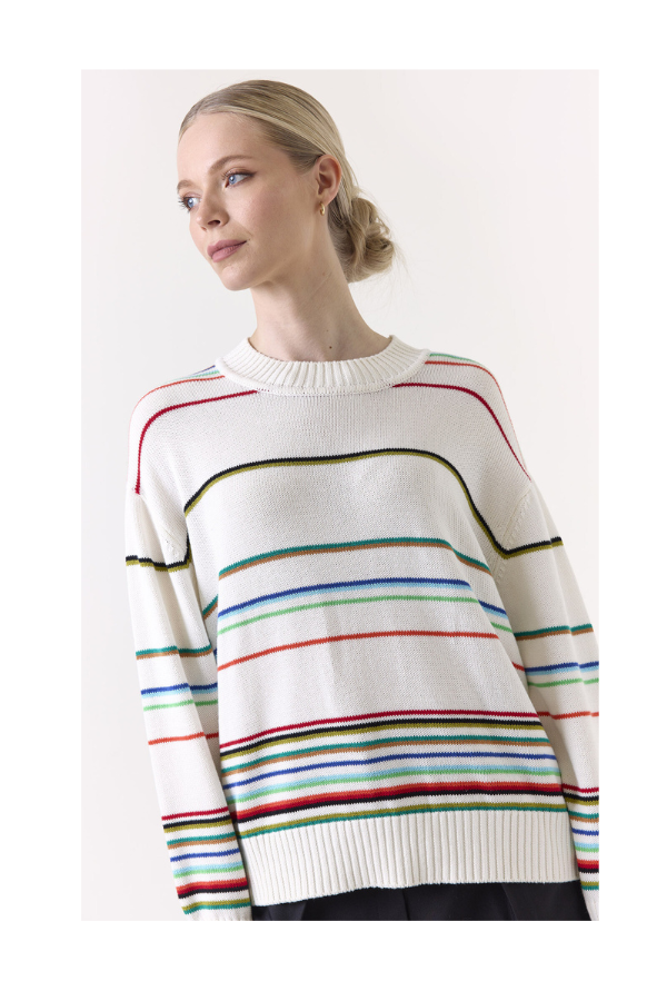 Raya Rainbow Stripe Crew Sweater in Ivory