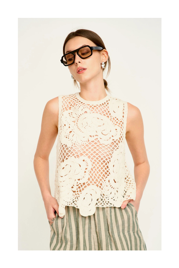 Santanyi Crochet Floral Tank in Cream