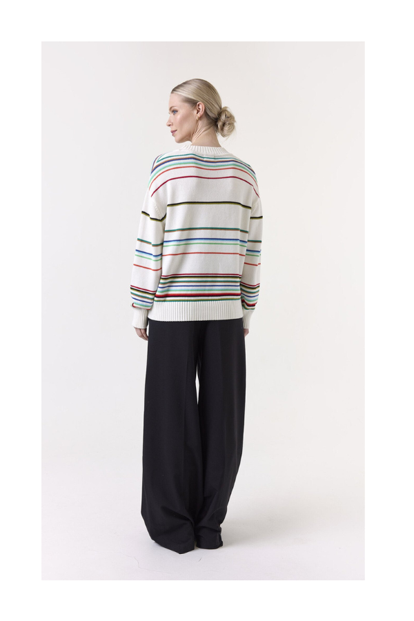 Raya Rainbow Stripe Crew Sweater in Ivory