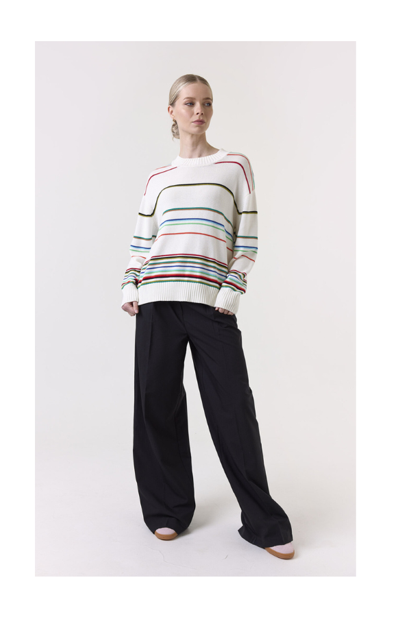 Raya Rainbow Stripe Crew Sweater in Ivory