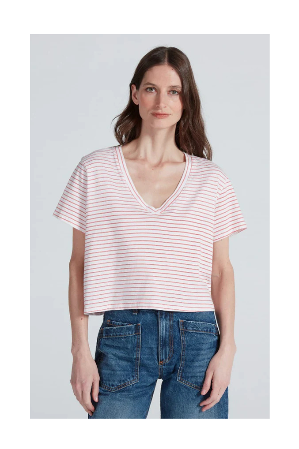 Shrunken V Tee in Double Red Stripe