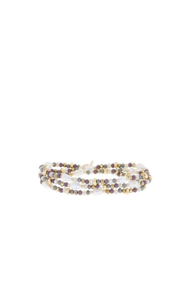 Crystal Beaded Pearl Stretch Bracelet in Gold Purple Haze