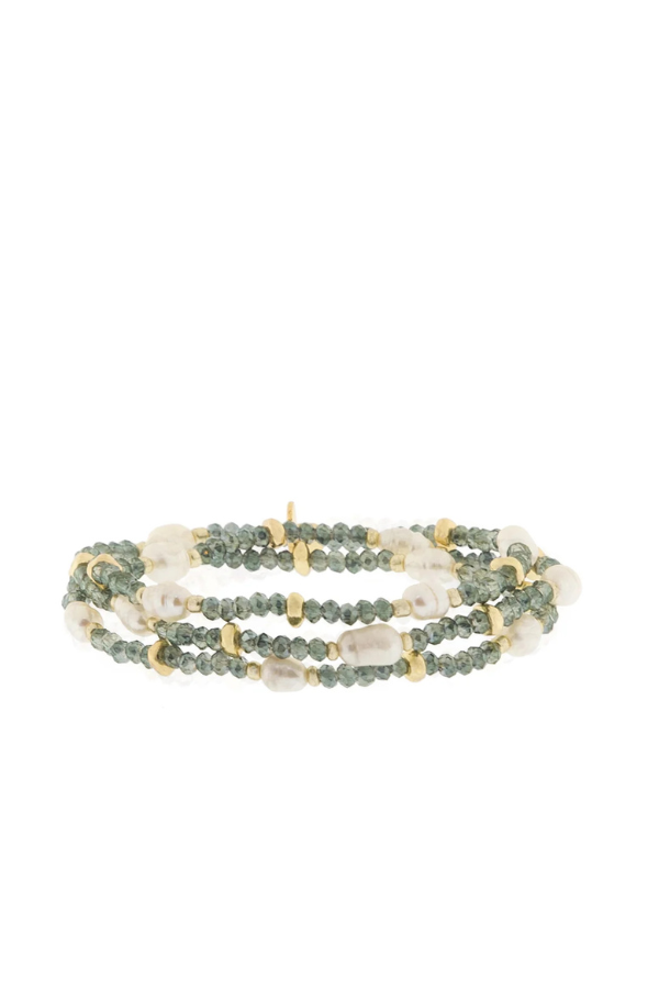 Crystal Beaded Pearl Stretch Bracelet in Gold Olive