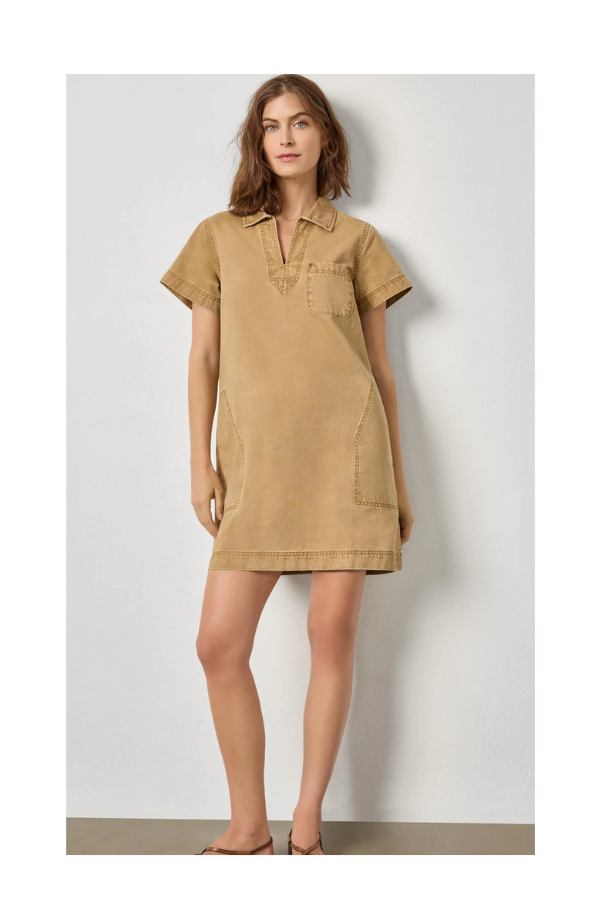 Twill Split Neck Collared Dress in Buckwheat