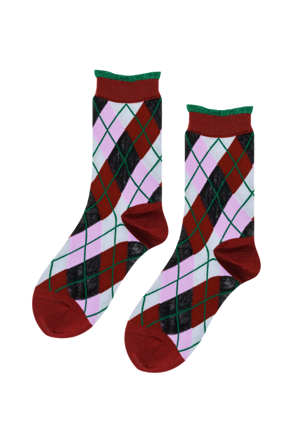 Argyle Sheer Crew Sock in Merlot