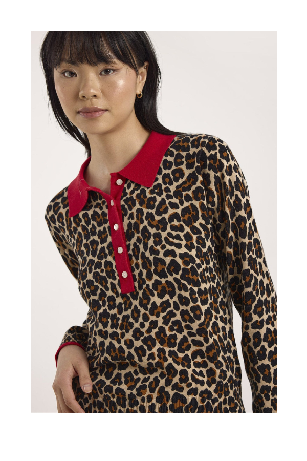 Pop Collar Leopard Polo in Light Camel with Tomato