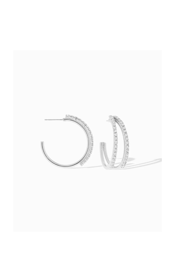 Crystal Lined Double Post Hoop Earrings in Silver
