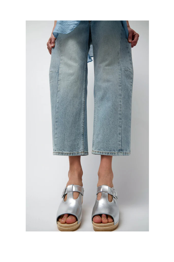 T-Strap Clog on Mid Heel in Silver