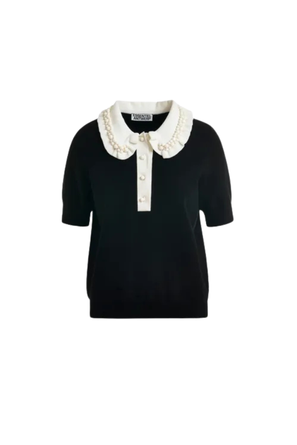 Jewelry Embroidered Knit Polo in Black