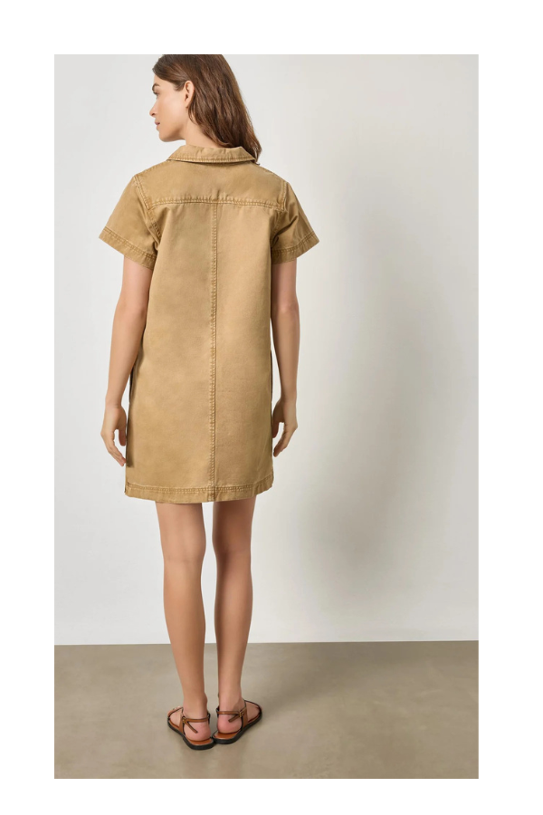 Twill Split Neck Collared Dress in Buckwheat