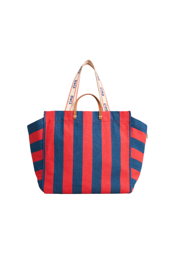 Beach Tote in Poppy/ French Blue Canvas Stripe