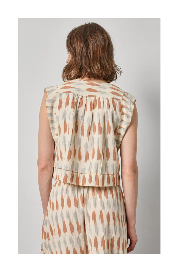 Ikat Shirred Shoulder Top in Carob Ikat