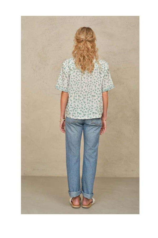 Edie Print Stitch Short Sleeve Top in Green
