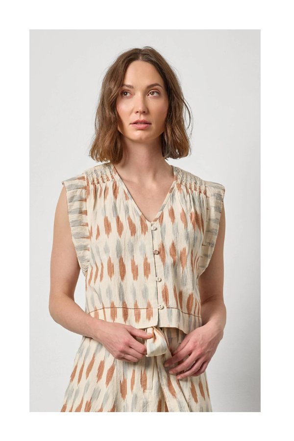 Ikat Shirred Shoulder Top in Carob Ikat