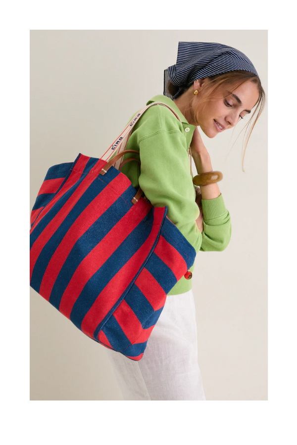 Beach Tote in Poppy/ French Blue Canvas Stripe