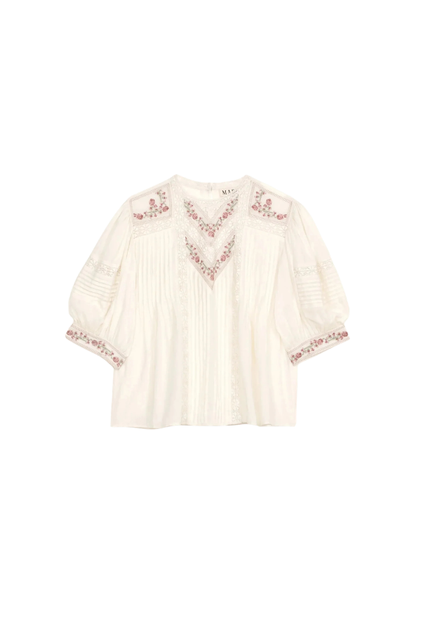 Fleur EMB Short Sleeve Top in Ecru/Multi