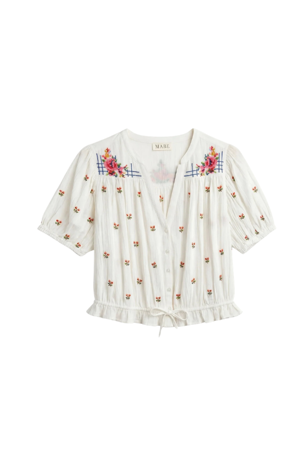 Harlie Emb Short Sleeve Top in Ecru/ Multi