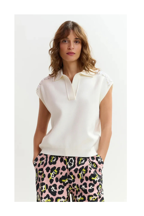 Joline Embroidered Knit Polo in Off White
