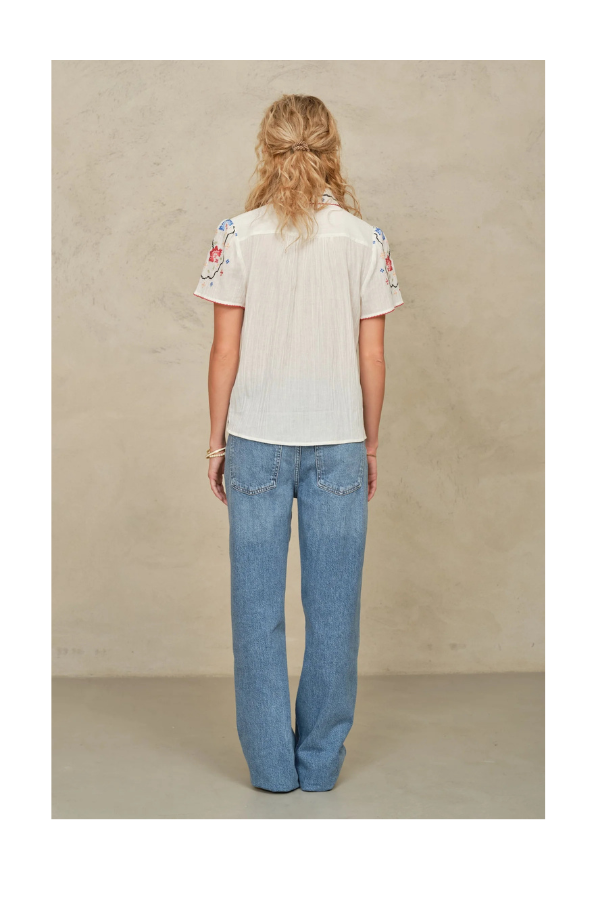 Ruby Emb Short Sleeve Top in Ecru/ Multi