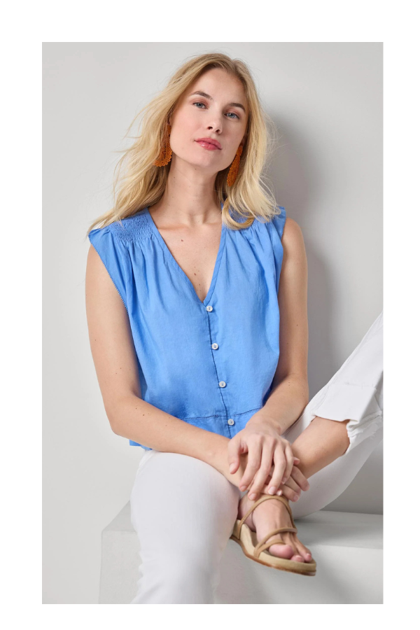 Smocked Shoulder V-Neck in Ultramarine