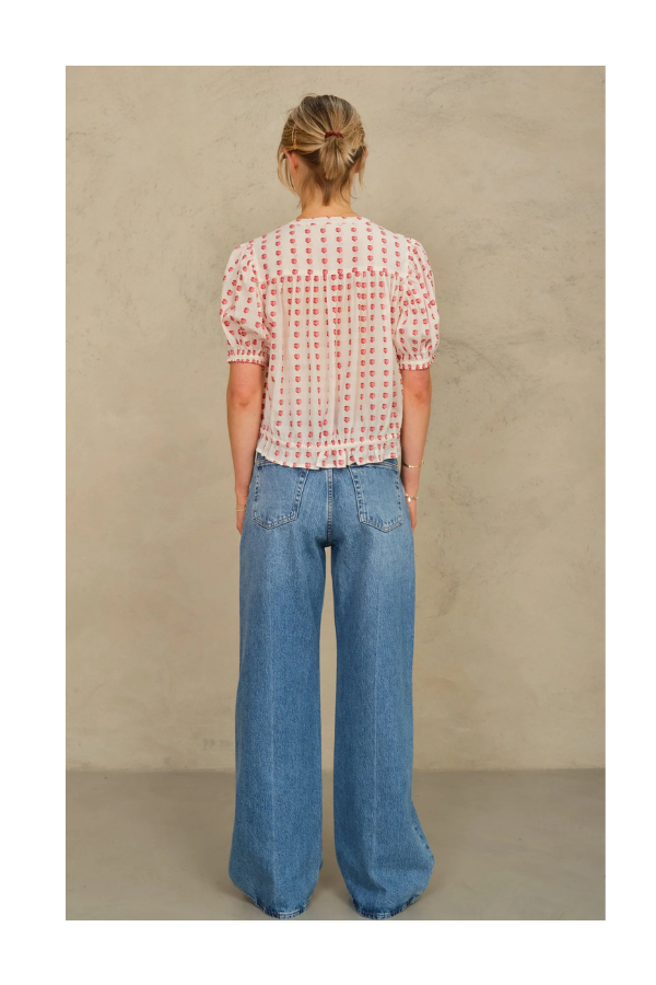 Karla Gathered Top in Ecru/ Red