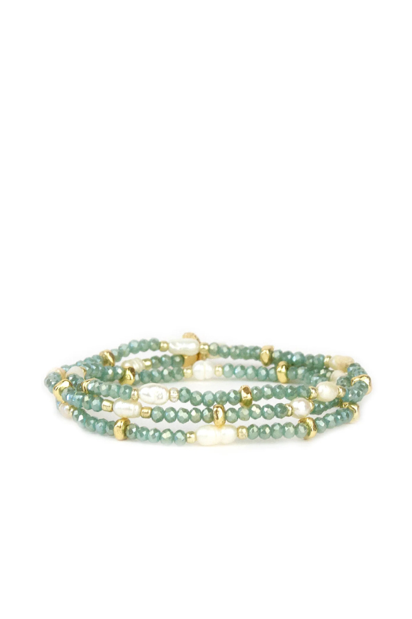 Crystal Beaded Pearl Stretch Bracelet in Gold Mint