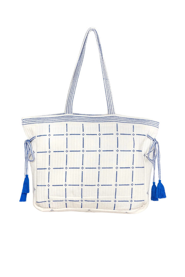 Laney Emb Quilted Tote in Ivory/Blue