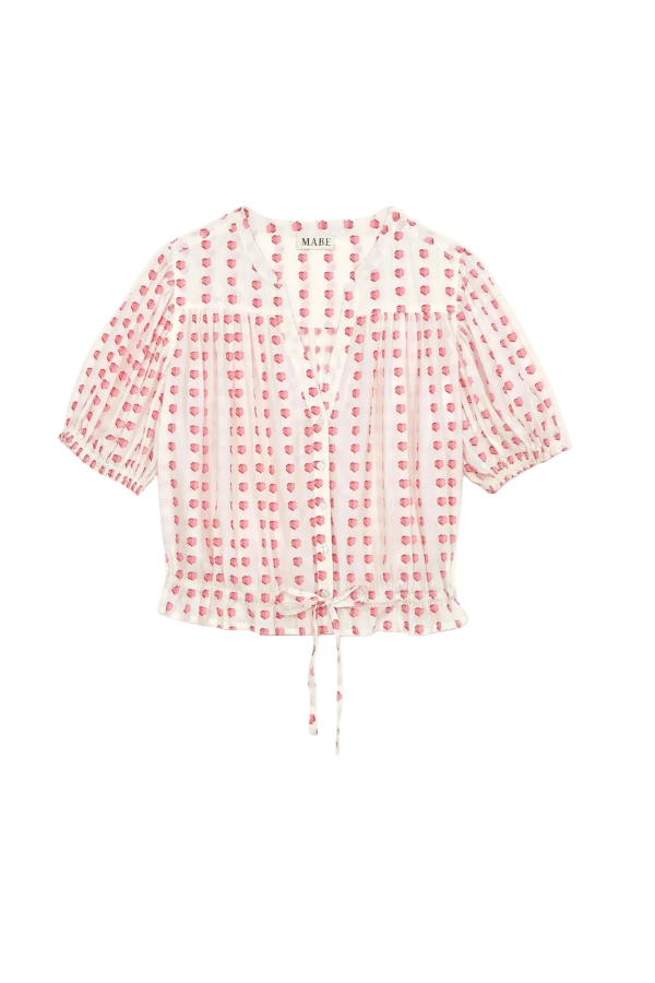 Karla Gathered Top in Ecru/ Red
