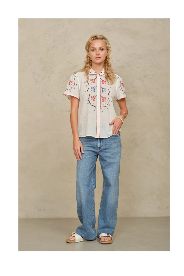 Ruby Emb Short Sleeve Top in Ecru/ Multi