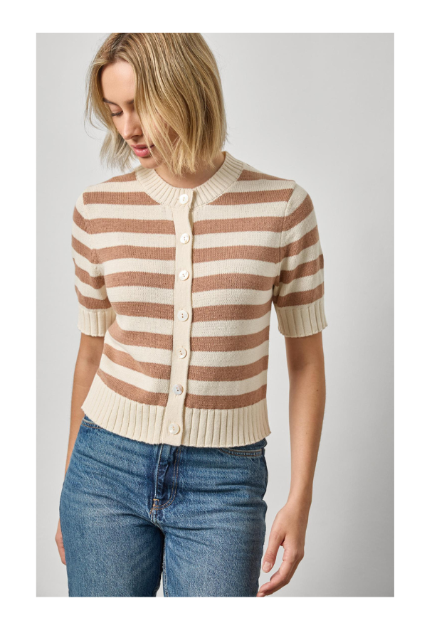 Elbow Sleeve Button Cardigan in Fawn Stripe